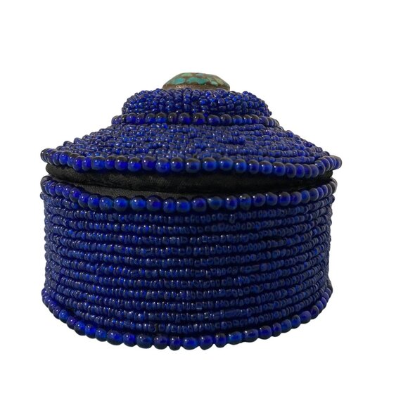 Blue Beaded Trinket Box With Turquoise Mosaic Top - Picture 4 of 9